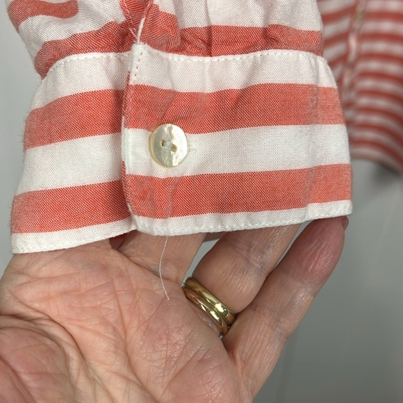 Chico’s Womens Tunic 3 Orange White Splice Stripes Button Up Button Cuff Pockets - Picture 5 of 14